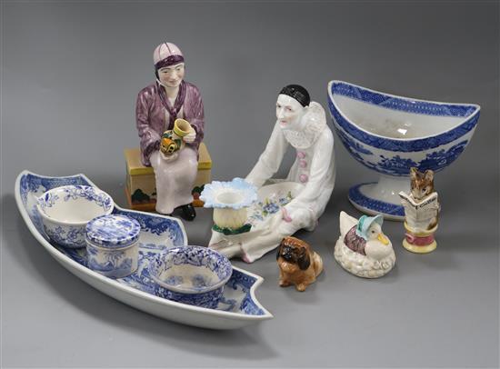 A pearlware blue and white sugar bowl and supper dish, other pottery, a Manor Ltd editions Clarice Cliff figure, two Beswick figures,